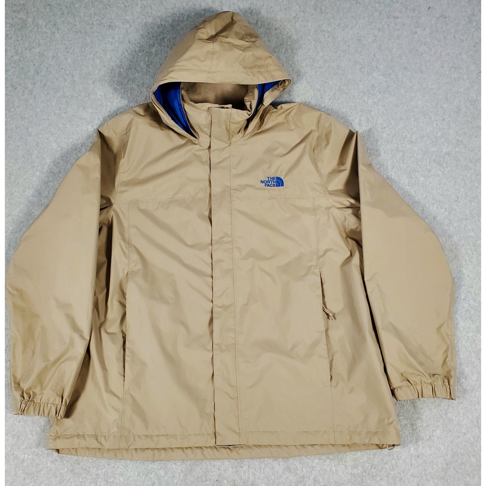 The North Face Rain Jacket Mens 2XL DryVent Hooded Tan Khaki Blue Full Zip Nylon